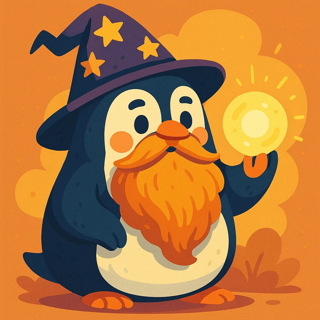 a chubby penguin wizard with a long beard, holding a glowing orb, in a charming and magical style emoji