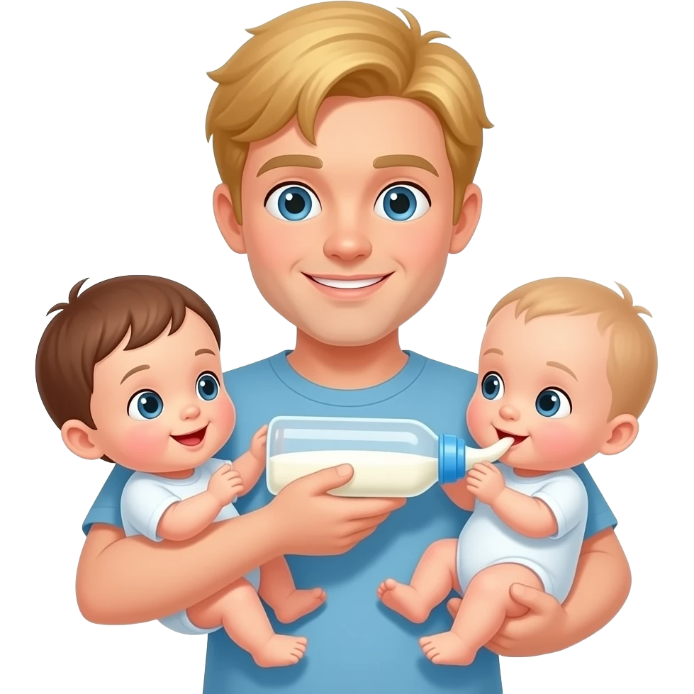 like the Man Feeding Baby Emoji but with twins and the man is blonde; one twin has brown hair, the other lighter hair; the twins are babies still, 3 months, and the feeding is milk emoji