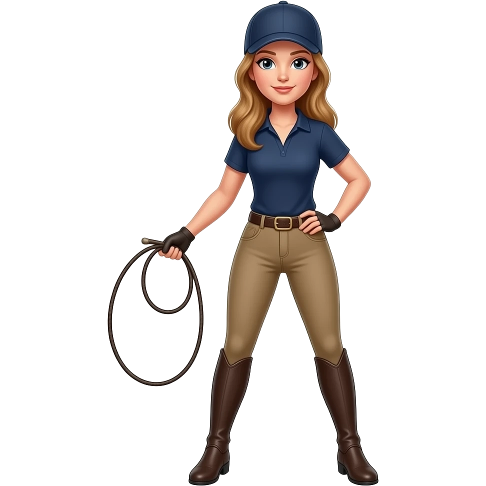 woman in riding jodhpurs, and baseball cap, with a bullwhip in one hand, and her other hand on her hip, standing with her legs apart emoji