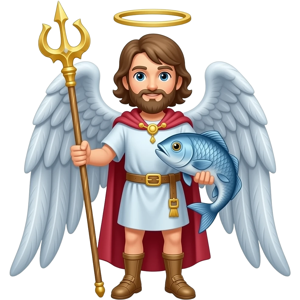 Archangel Raphael full body holding a staff and a fish emoji