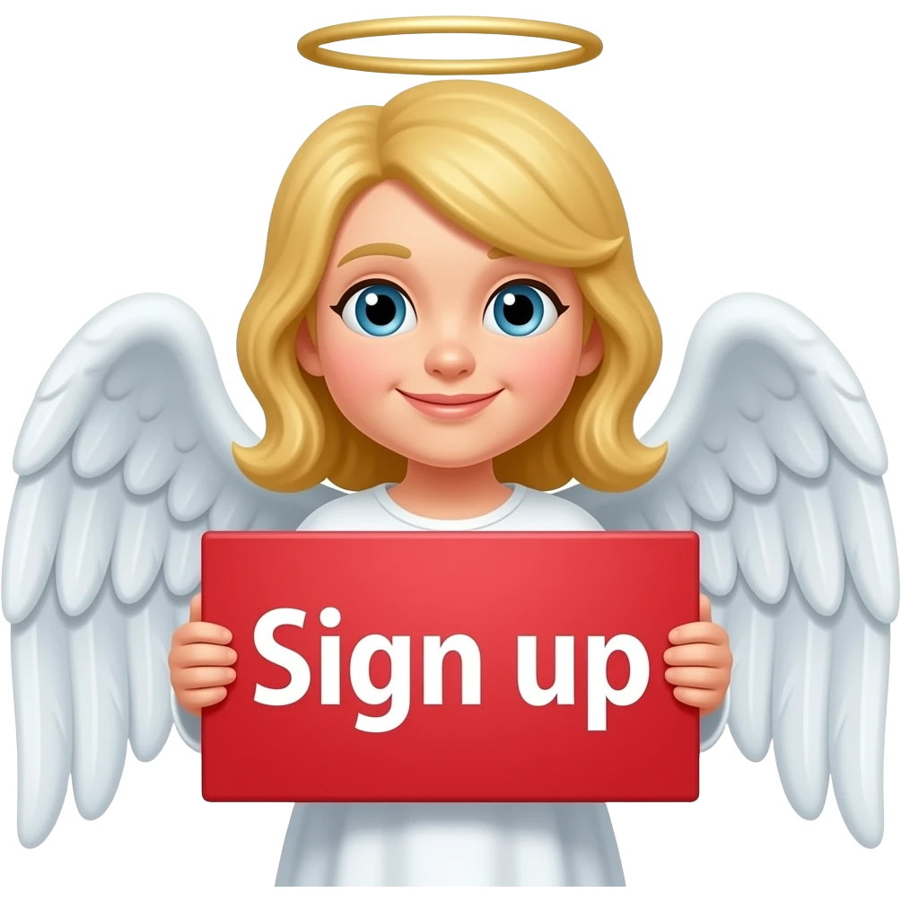 um anjo segurando uma plaquinha vermelha escrito em branco "se inscreva" emoji