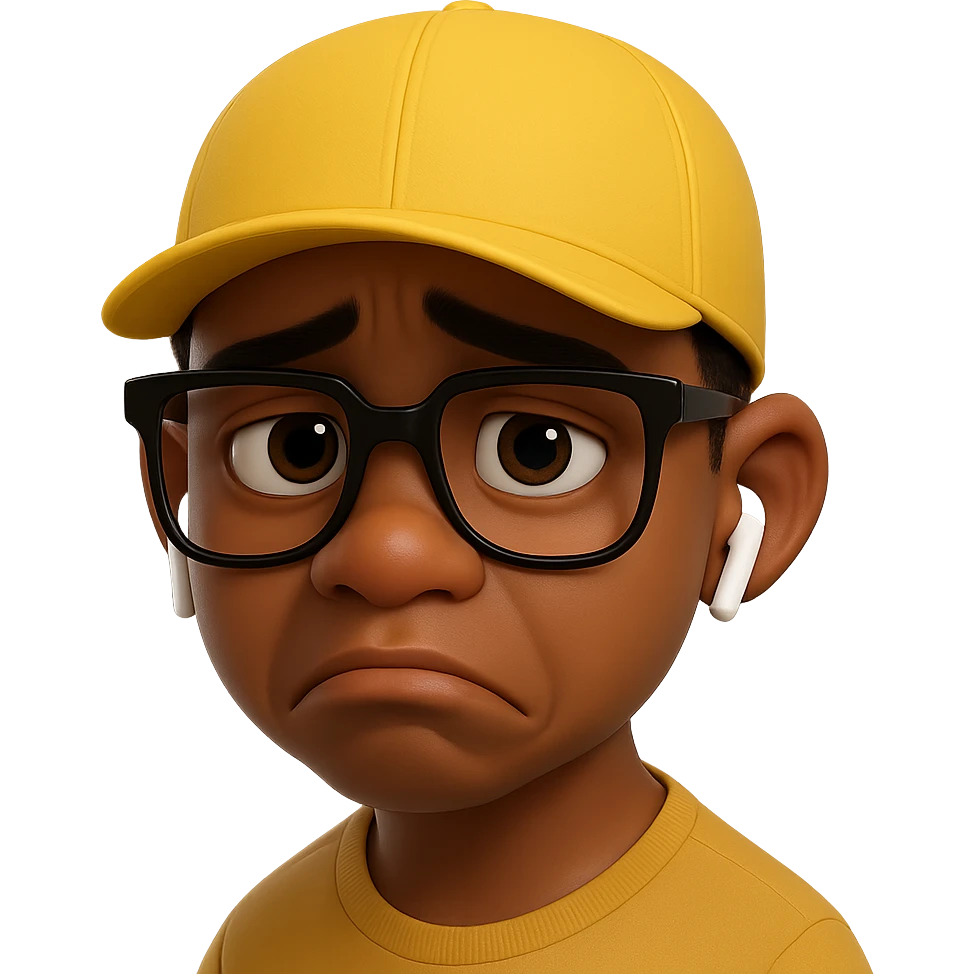 Redraw this character in a 3D Disney style with a sad expression, yellow cap, glasses, and earbuds. Maintain the character's original features and expression. Use a transparent background. The original style is Flux Pro, but please adapt to 3D Disney style for the edit. emoji