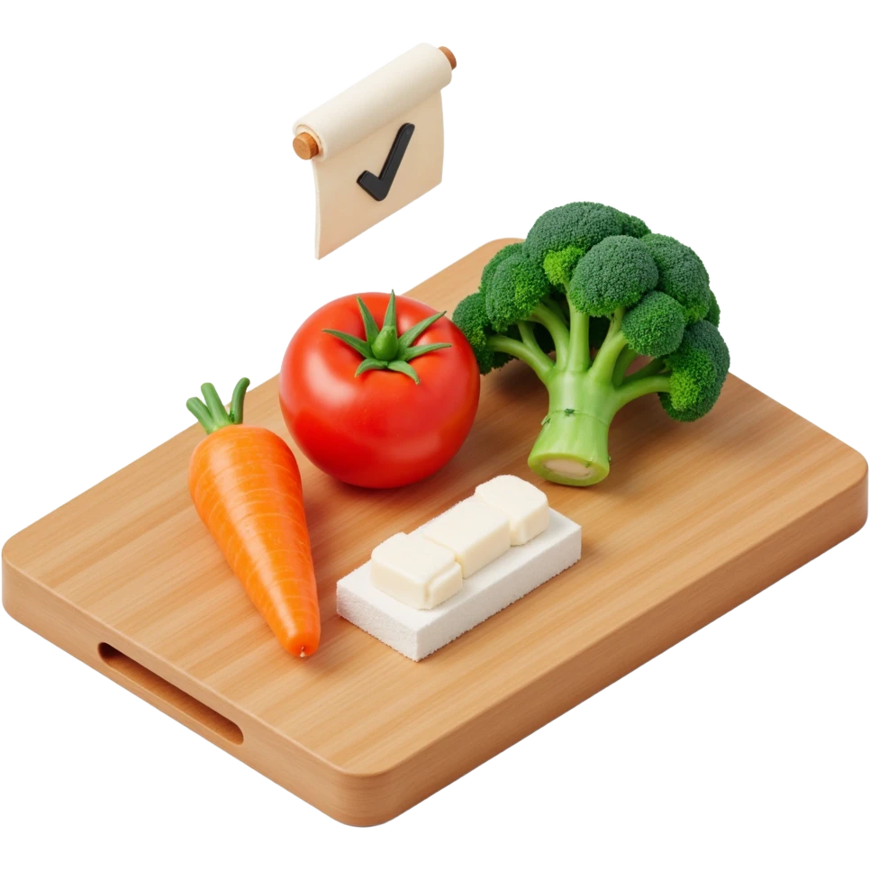 carrot tomato brocoli on the wooden cutting board with floating rolled paper list with checkbox emoji