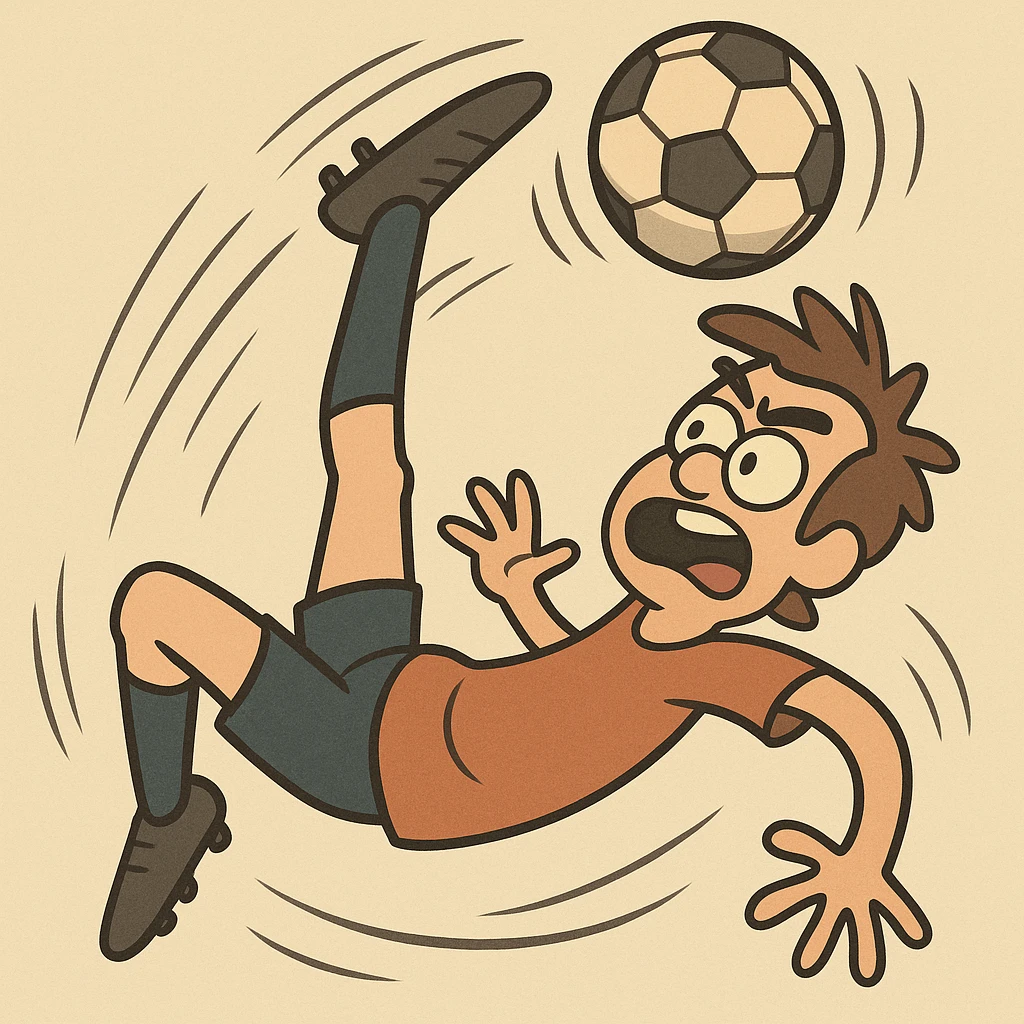 a stylized figure executing a bicycle kick, foot connecting with a ball, action lines, expressive motion emoji