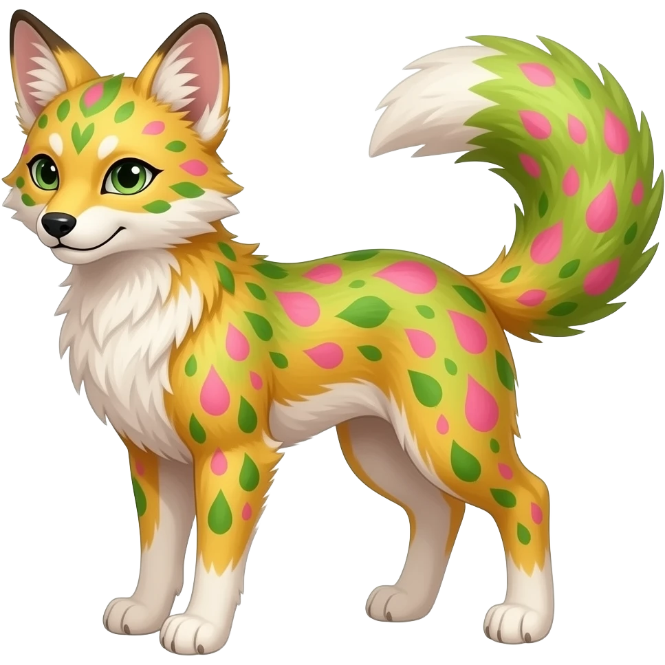Feral Rare Fantasy vivid tropical mango-lime-pink splash-patterned silky fur Vernid-Sergal-Genet-Trico-species by LiLaiRa, random markings, tufted tail, tufted ears, full body emoji