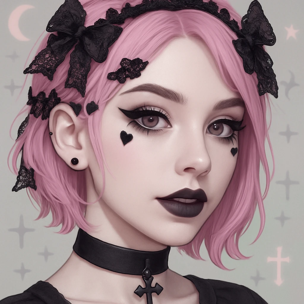 Make this pastel goth profile picture even more goth, keep it cute, expressive, and minimal, in the style of imagen-4-fast-KaUtLiSA10F. Enhance goth elements with pastel goth aesthetics, maintaining cuteness and expressiveness with minimalistic design. emoji