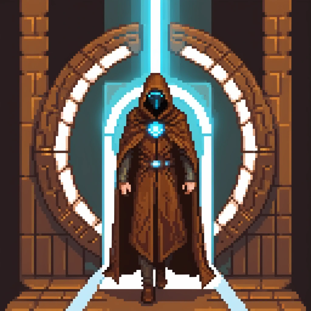 A mysterious man with a brown cloak and futuristic high-tech mask stepping out of a glowing portal emoji