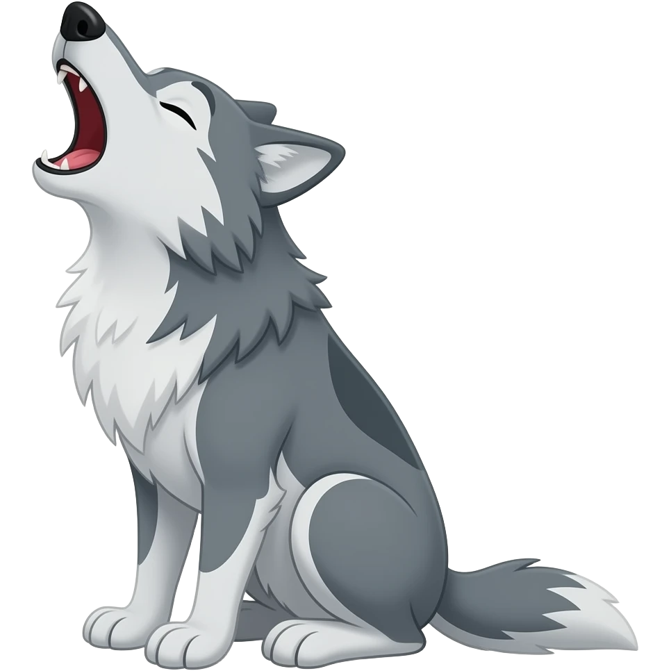 A cartoon 2d gray wolf sitting down howling emoji