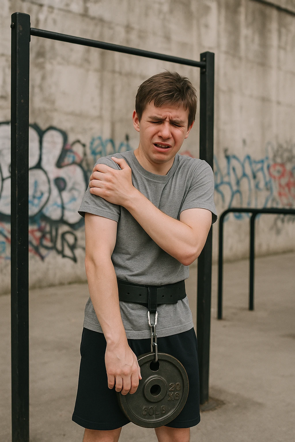 Giovane atleta neofita, fisico normale e non ancora sviluppato, si allena per la prima volta in uno spazio urbano per streetlifting: sbarra per trazioni, parallele, e pesi appesi alla cintura. Ma si è infortunato perchè non faceva le cose con la giusta tecnica. emoji