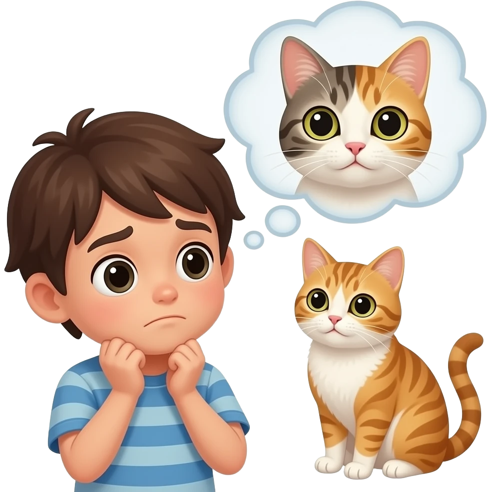 a shrugging kid thinking about a cat emoji