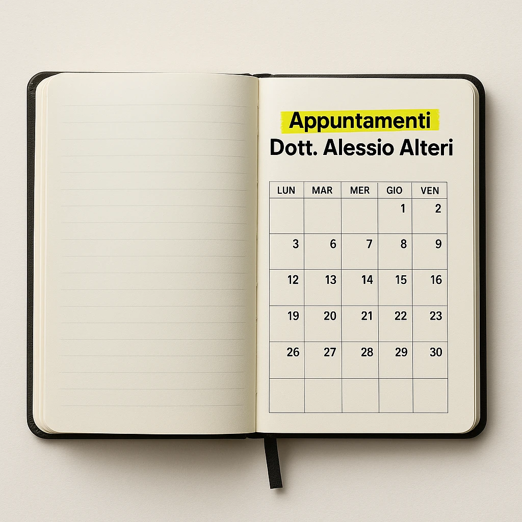 realistic calendar on open agenda, the text 'Appuntamenti Dott. Alessio Alteri' highlighted, clean composition, light background emoji
