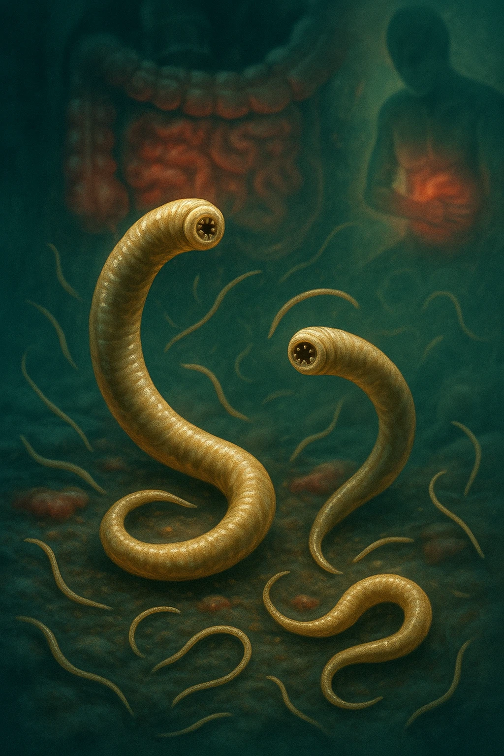 Vertical, cinematic, realistic illustration of detailed intestinal parasites as the main focus, with subtle references to the diseases they cause. Dramatic clinical lighting, green-blue tones with warm yellow-orange accents, natural depth of field. 2:3 aspect ratio. emoji