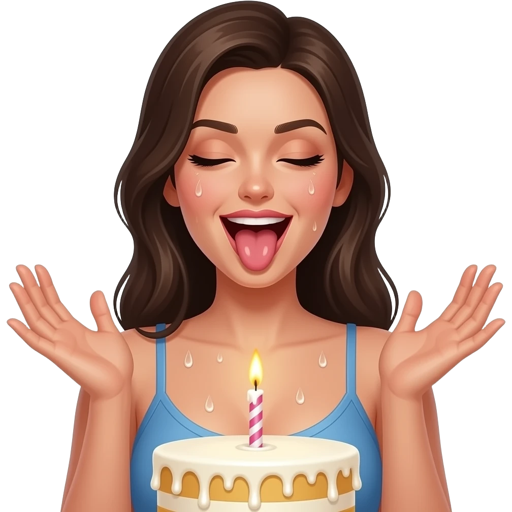 sexy girl going sensual mouth open sticking tongue out  with her eyes closed with a pleasure gesture  and feels too hot so shes sweating all over her face and chest and dripping sweat close to a  fat and giant single candle dripping a lot of  white wax on top of  a birthday cake emoji