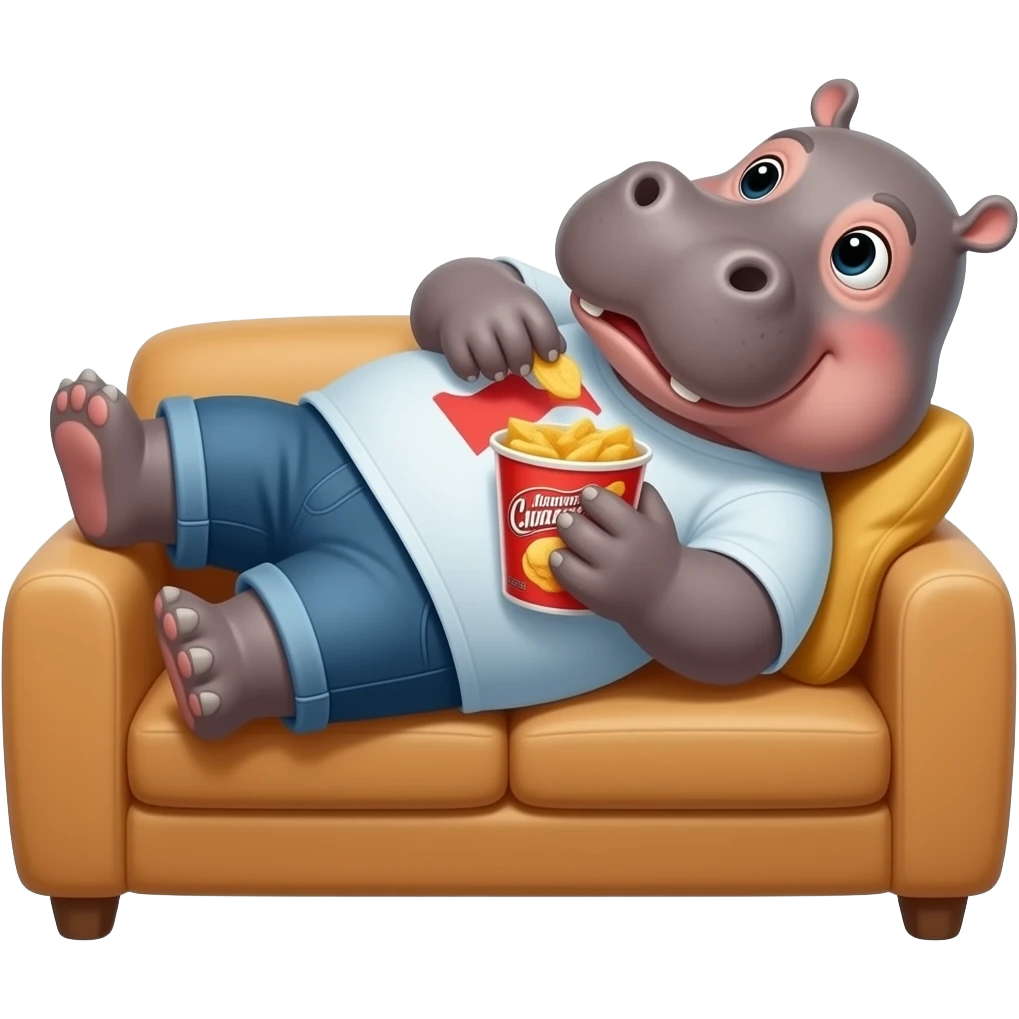 людиноподібний бегемот лежить на дивані та їсть чіпси emoji