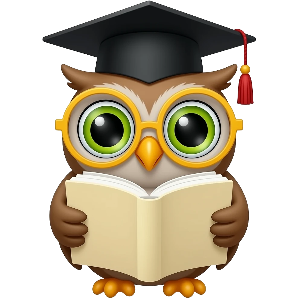 A cartoon illustration of a cute owl wearing a black graduation cap with a red tassel and round yellow-framed glasses. The owl has large expressive eyes with green irises and black pupils, and is holding an open book with cream-colored pages. emoji