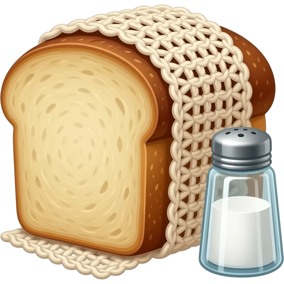 sliced ​​peasant bread wrapped in crocheted fabric with a glass salt shaker next to it emoji