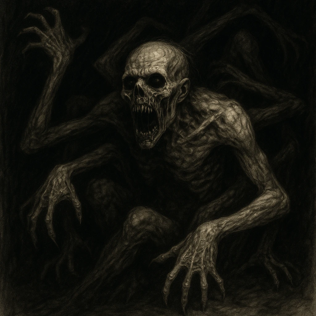 a terrifying monster, realistic, multiple limbs, grotesque features, horror illustration, intense shadows emoji