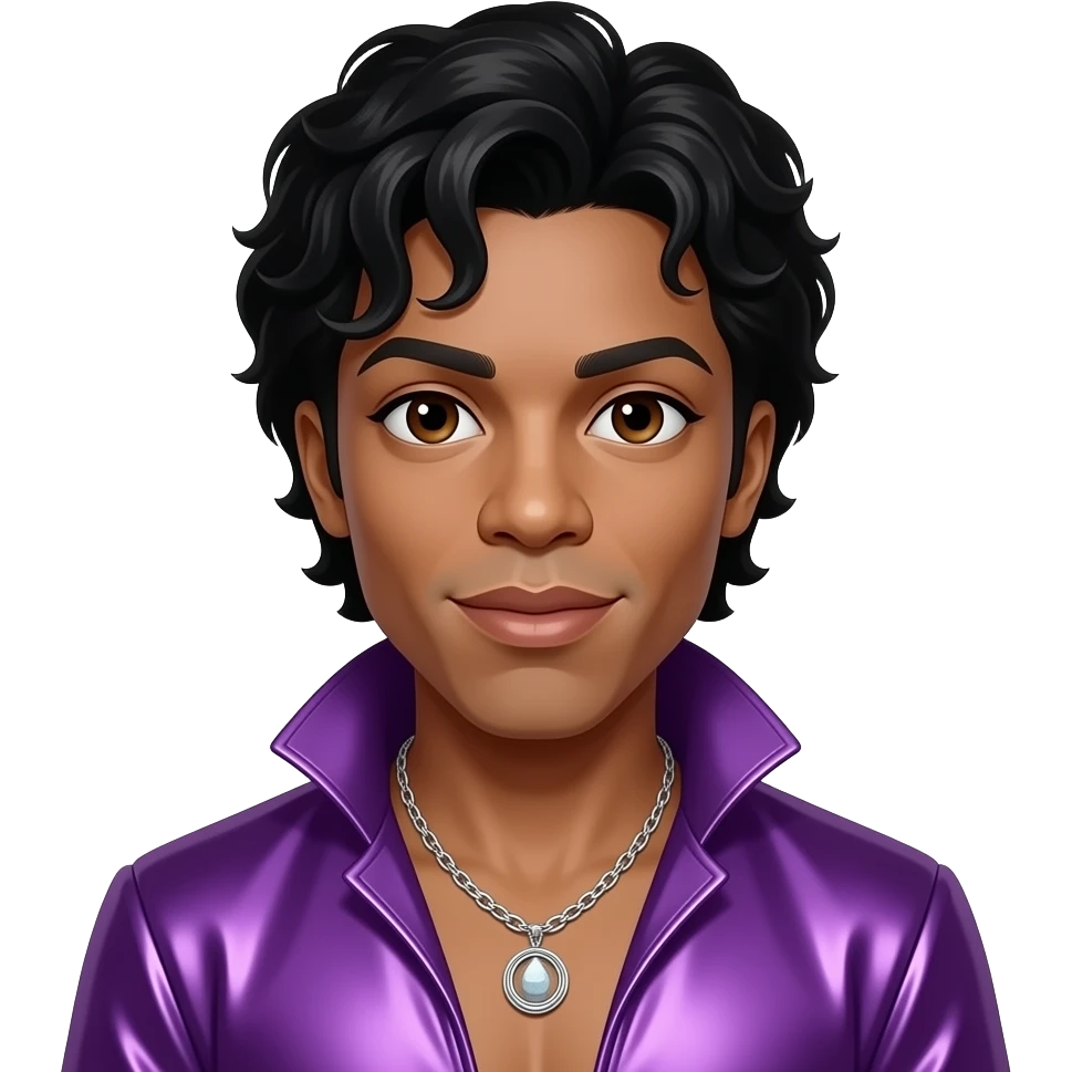 Prince Rogers Nelson with dark brown eyes, black hair, purple metallic funk outfit, necklace emoji