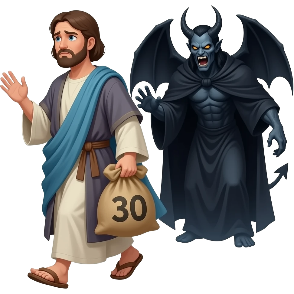 At night A full bodied short hair man standing  by, wearing old clothing from biblical times , holding a sack of 30 silver coins, walking away from isrealite leaders, looking nervous and Satan lurking near by emoji