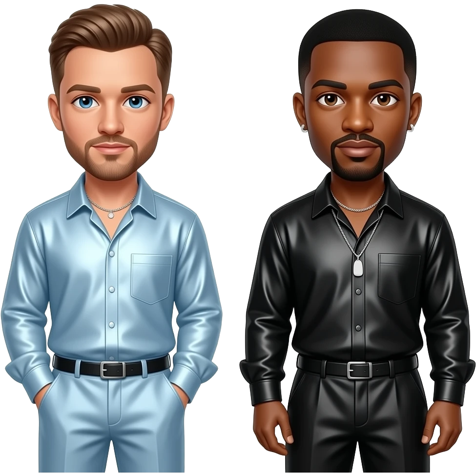 Justin Timberlake with blue eyes, light brown hair, baby blue metallic shirt and baggy pants, necklace, Timbaland with brown eyes, black hair, black metallic shirt, black metallic baggy pants, necklace and short earrings emoji