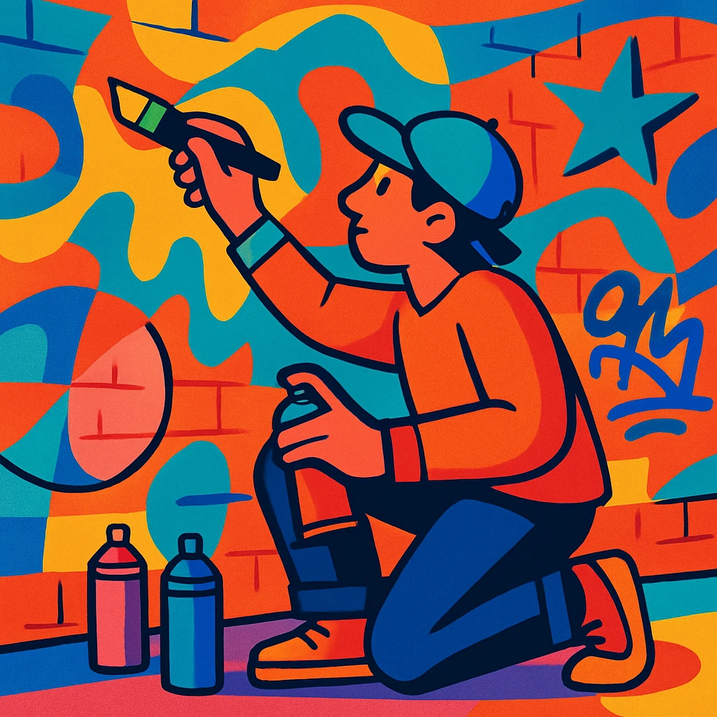 a muralist painting a large wall, vibrant street art style emoji