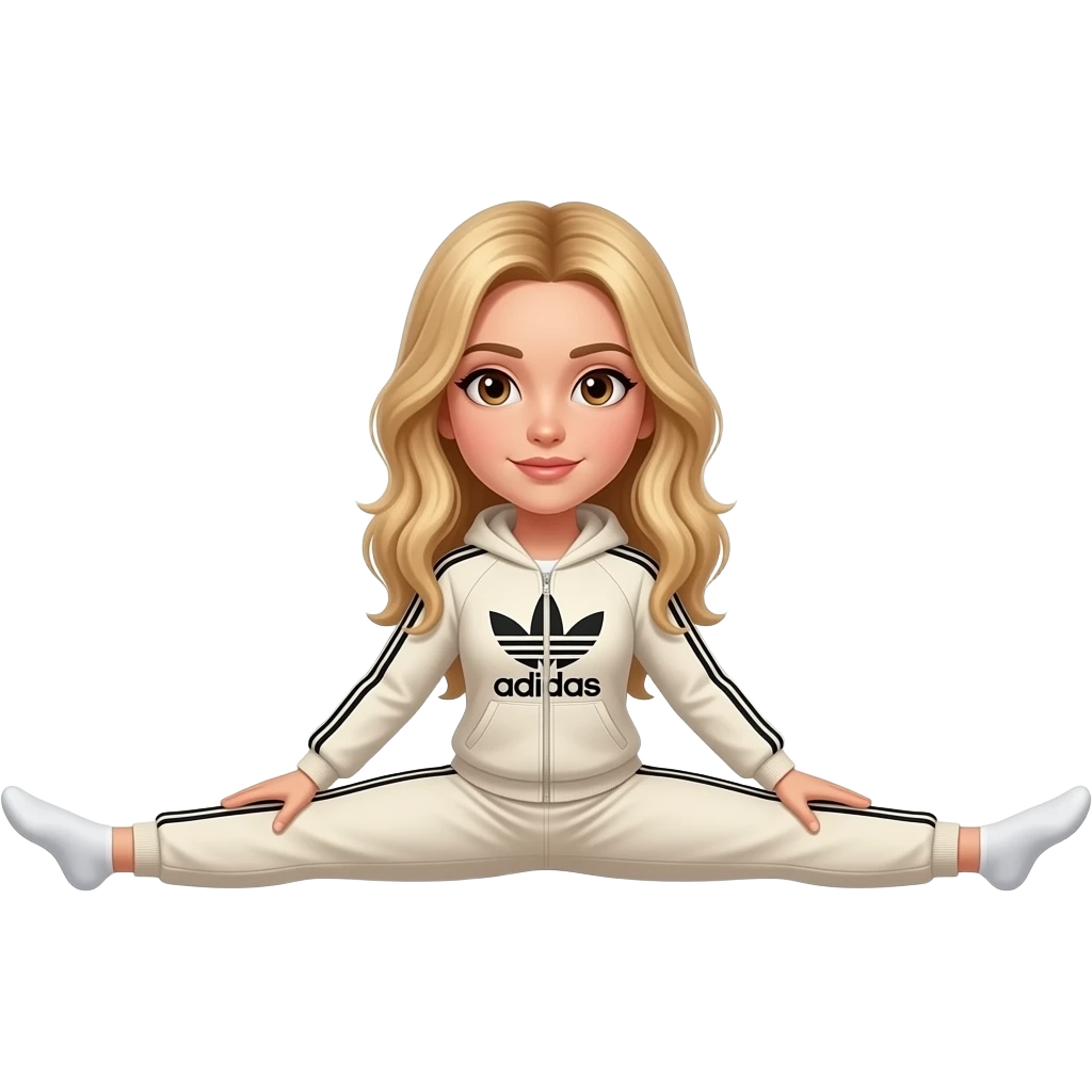 Dirty blonde hair, brown eyes, straight hair, cream adidas track suit doing the splits gif emoji