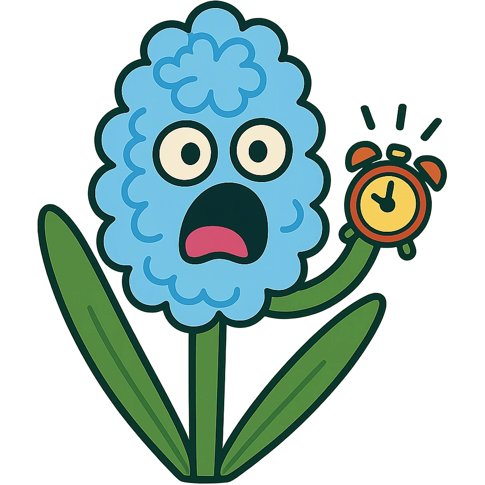 pastel blue hyacinth flower with alarmed eyes and a screaming mouth, waving a tiny alarm clock, fluffy and round, vibrant toon style emoji