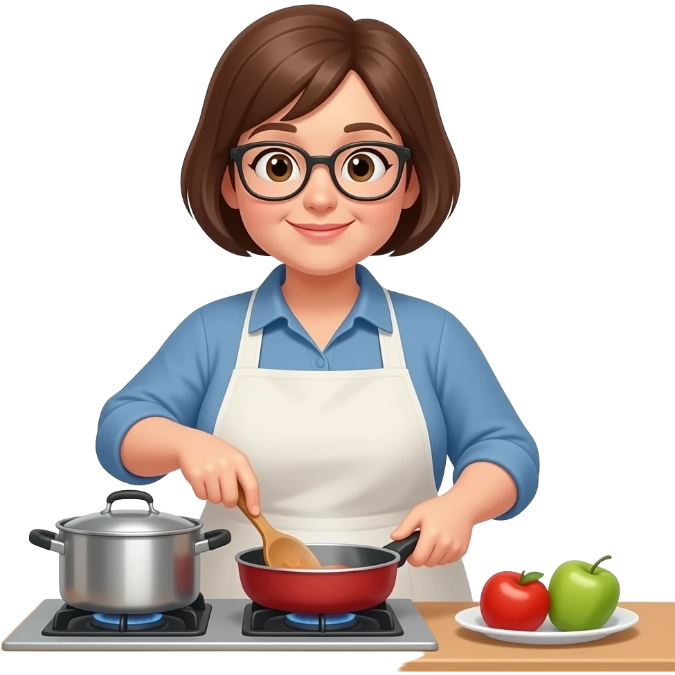 A 51-year-old woman who is slightly overweight, with very short brown hair, wears glasses, and loves to cook emoji