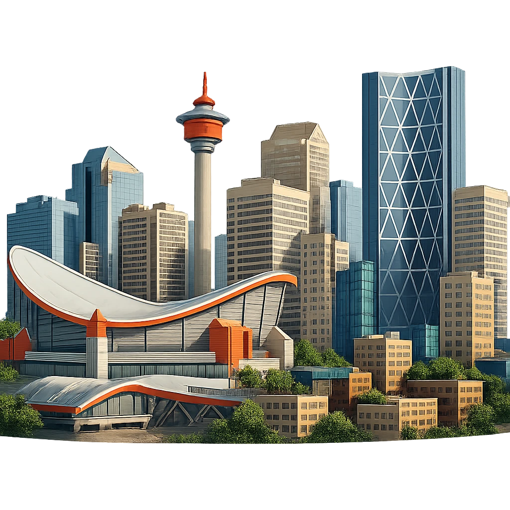 Remove the sky background from the Calgary emoji, keeping everything else exactly the same: the skyline with the Calgary Tower, Saddledome, Bow Building, lifelike detail, accurate colors, bright lighting, wide city view, and a fully transparent background. emoji