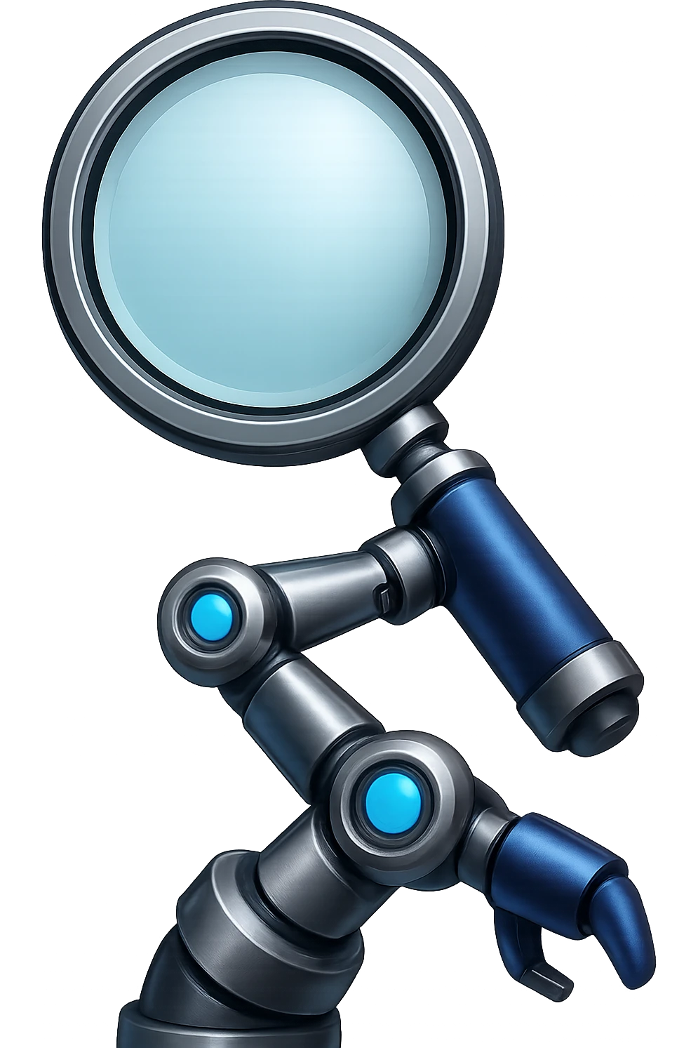 Add a robotic arm holding the magnifying glass, keep metallic textures and glowing blue accents, in emoji style with no background. The style should resemble apple style emojis with a clean and polished look, focusing on metallic and glowing blue details. emoji