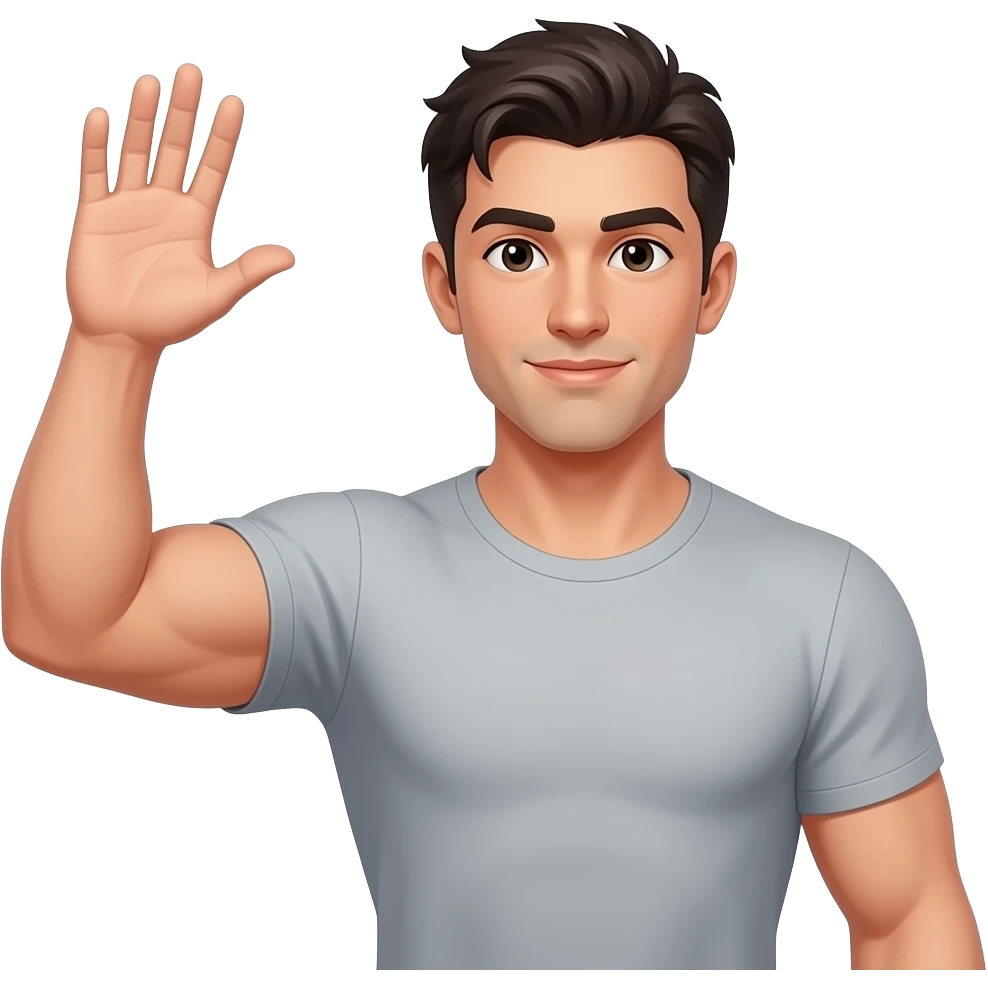 Muscular  man on steroids with dark hair raising open hand d emoji