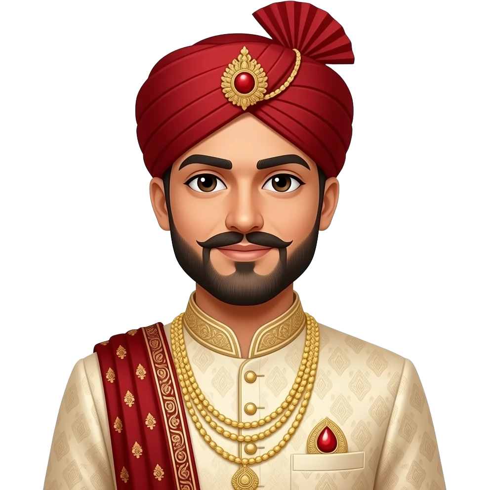 A south Asian Pakistani groom with a longer beard and shorter not curly moustache and cream sherwani. The headwear and shawl should be red emoji