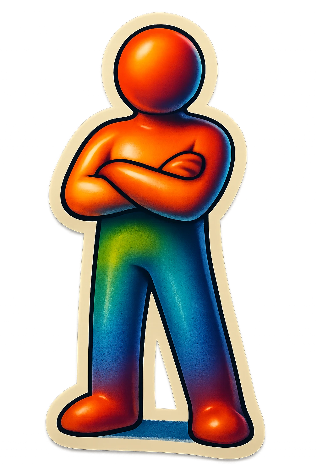 poster inspired by the reference photo, retro stickers style, no text, standing with arms crossed emoji