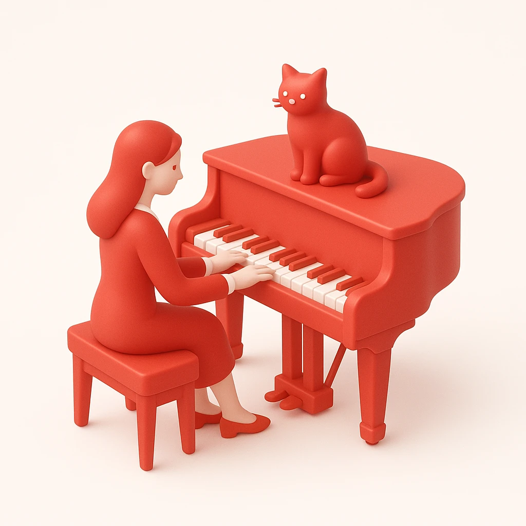woman playing piano while her cat sits on top of the piano emoji