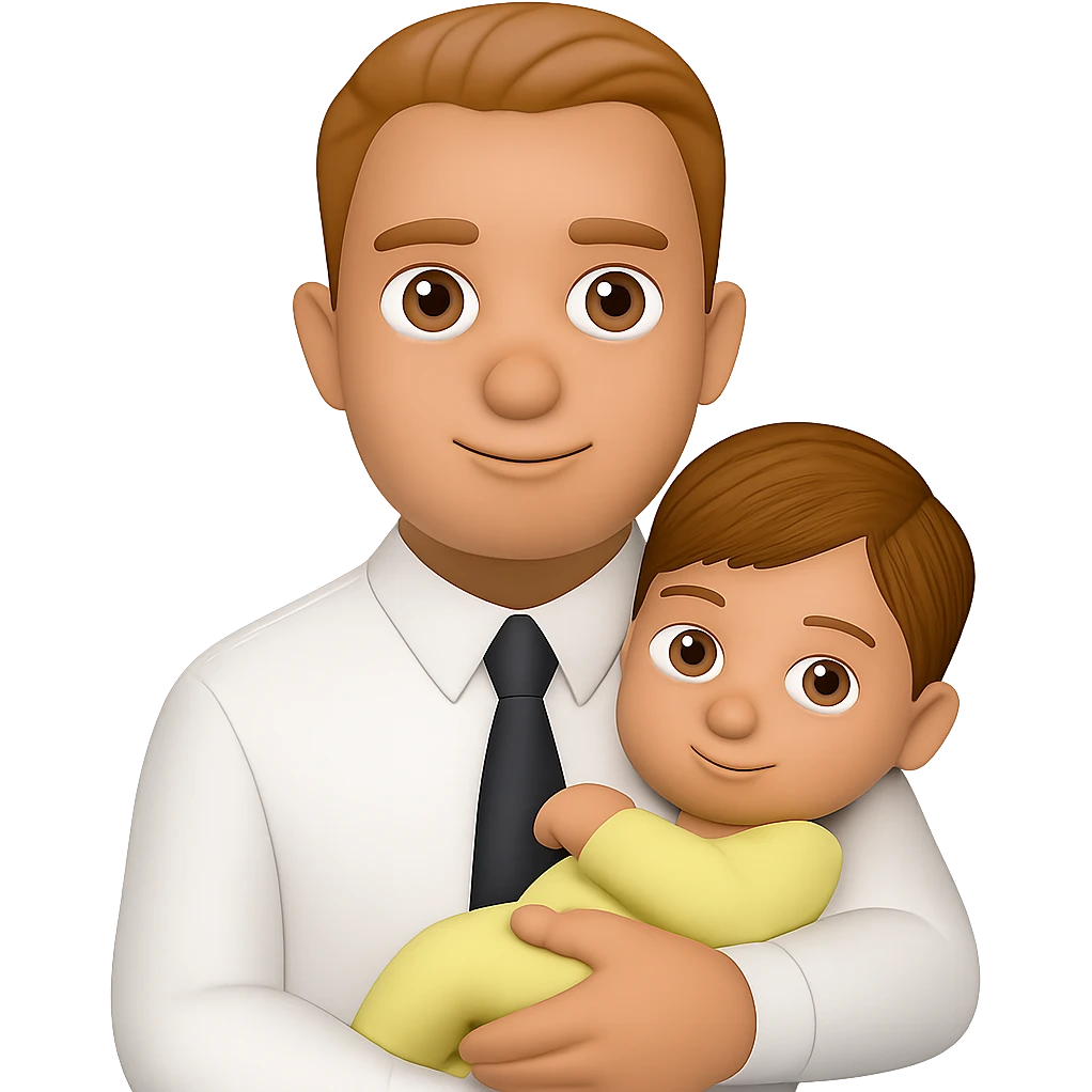 Add hair to the baby in the man's arms, keeping the same style. The style is a simple, clean illustration with a transparent background. Preserve the original look and feel while adding the hair detail. emoji