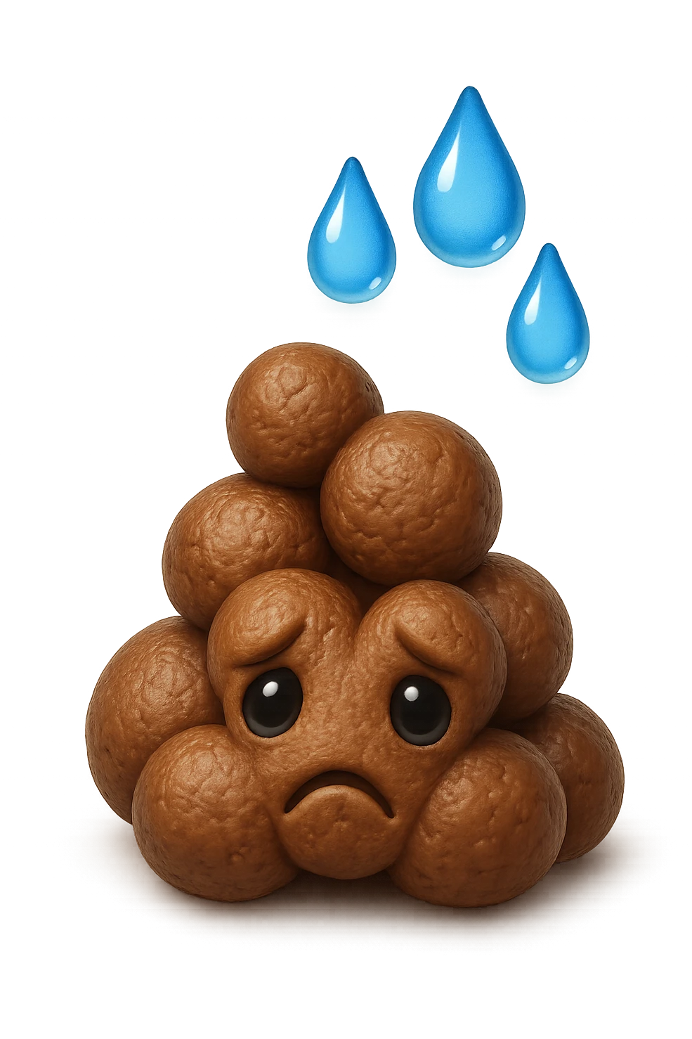 emoji stile iphone di una montagnetta di feci umane realistiche a palline tristi con sopra un simbolo delle gocce di acqua, iperrealistico 4k emoji