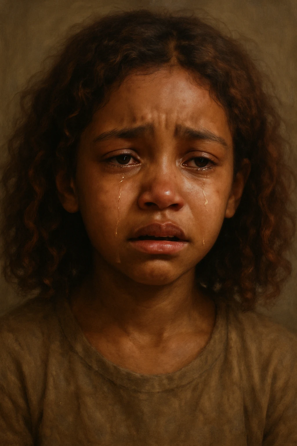 realistic digital painting of a brown-skinned girl with shoulder-length curly reddish hair, crying emoji