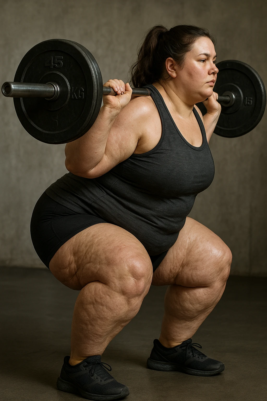 donna grassa con lipedema alle gambe che fa uno squat di profilo con bilanciere, IPERREALISTICA 4K emoji