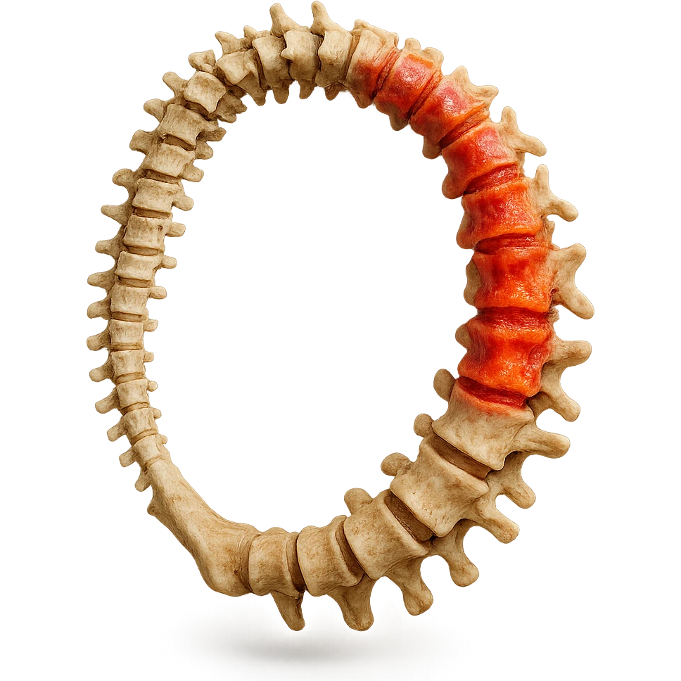 SPINA DORSALE ANATOMICA UMANA REALISTICA infiammata CHIUSA A CERCHIO, iperrealistica 4k, non disegnata emoji