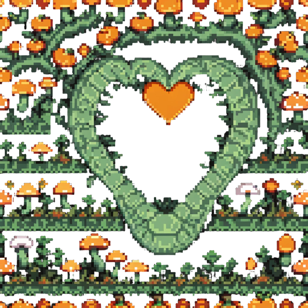heart split in half with a mushroom motif on one side and a pumpkin motif on the other, pixel art style emoji