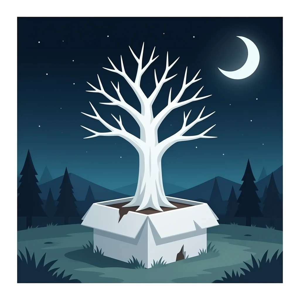steampunk - white bare haunted tree grows from a dilapidated white box emoji