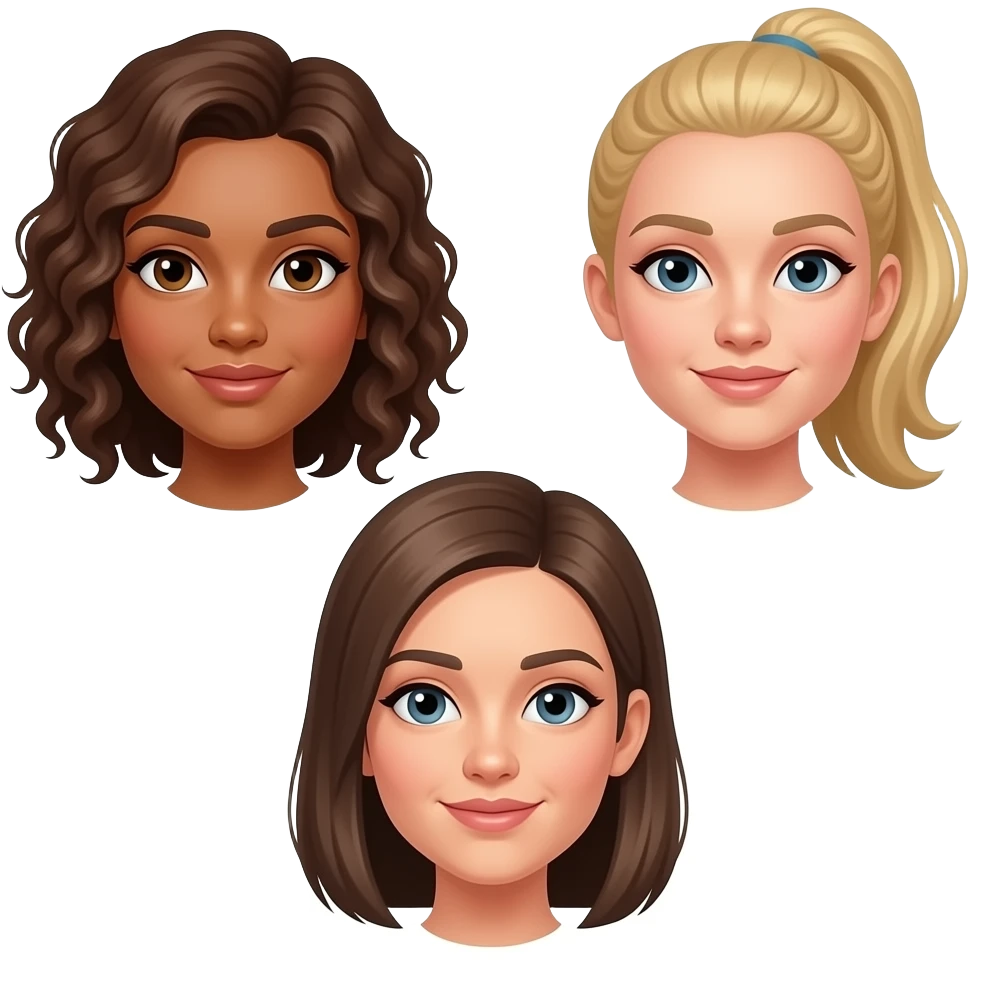 emoji that shows 3 females...all white skinned, one with long curly brown hair, one for blonde hair in a pony tail and one with shoulder length straight hair emoji