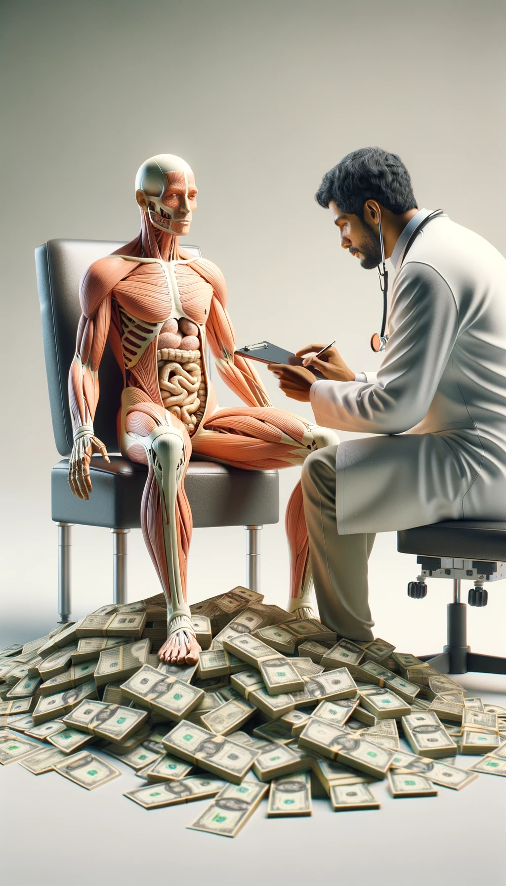 corpo umano anatomico seduto dal medico con una montagna di banconote ai piedi, con sfondo chiaro neutro, iperrealistico 4k emoji