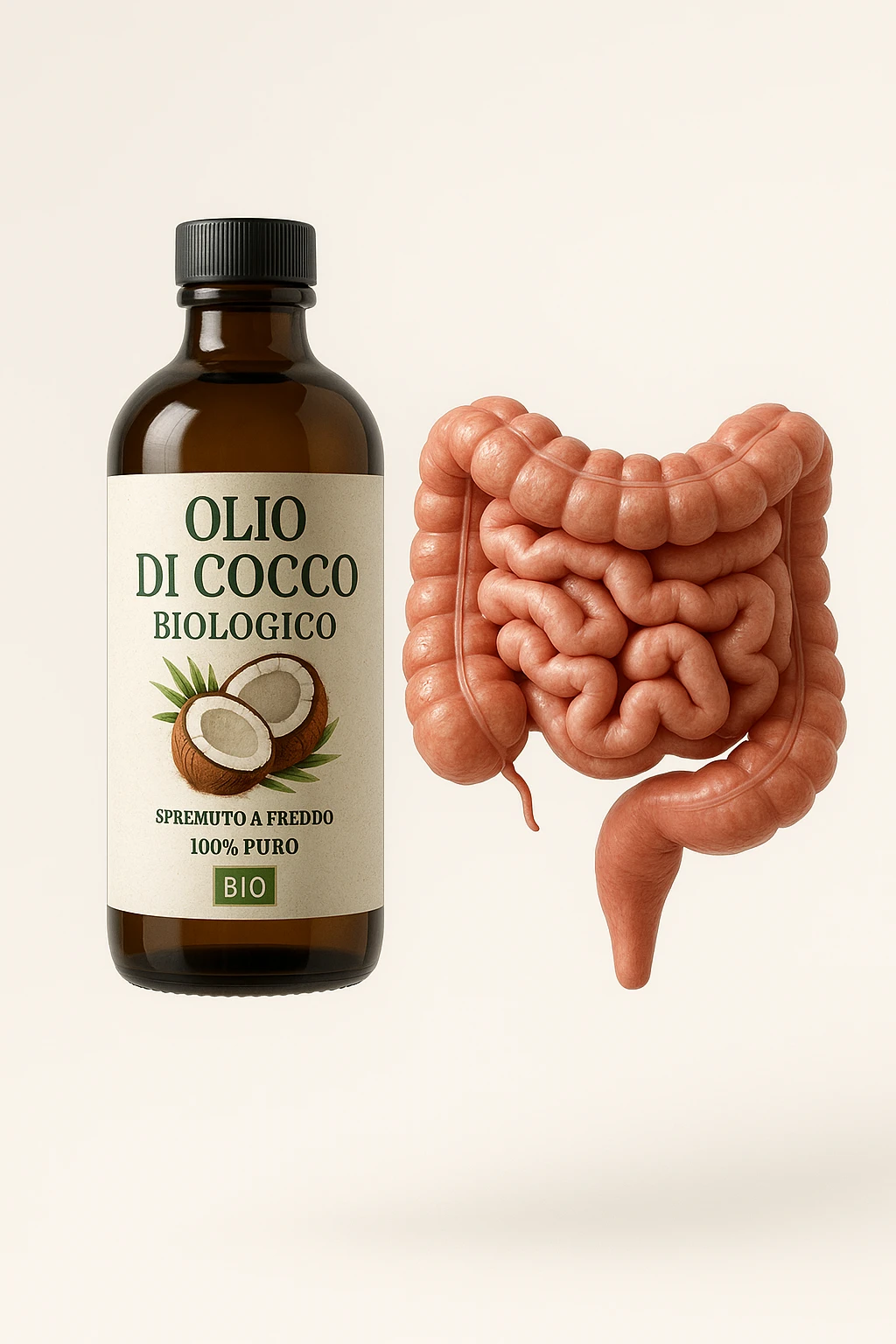 BOCCETTA DI OLIO DI COCCO BIOLOGICO (FAI UN ETICHETTA SUL PRODOTTO IN ITALIANO) CHE FLUTTUA IN ARIA INSIEME A UN INTESTINO UMANO ANATOMICO IN PERFETTA SALUTE, SFONDO CHIARO, iperrealistico 4k emoji