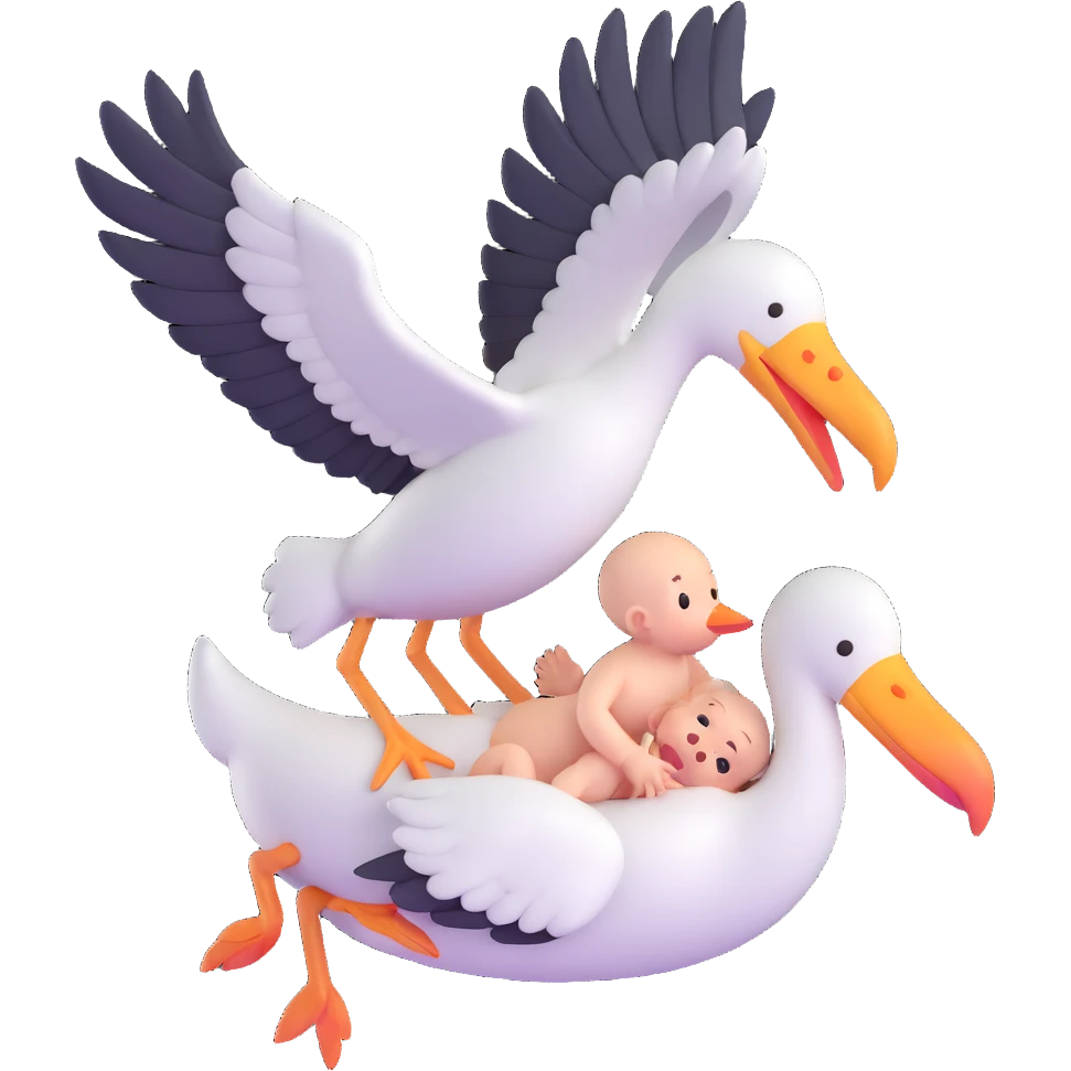 human baby in a bundle being carried by a flying stork emoji