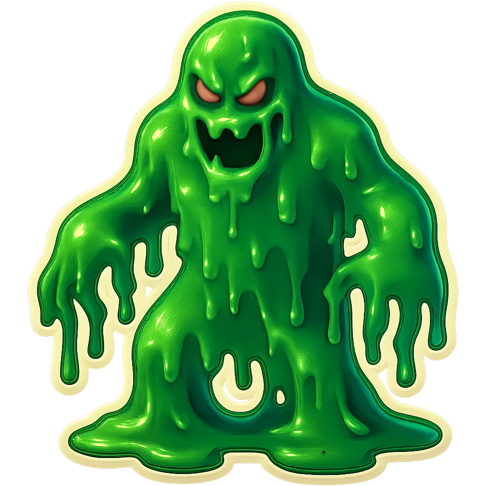 Slime monster. green slime. scary sinister. slime attacks. show full body. more dripping slime. talk humanoid slime creature. sinsiter and scary...green slime. has 2 arms and a vague head emoji
