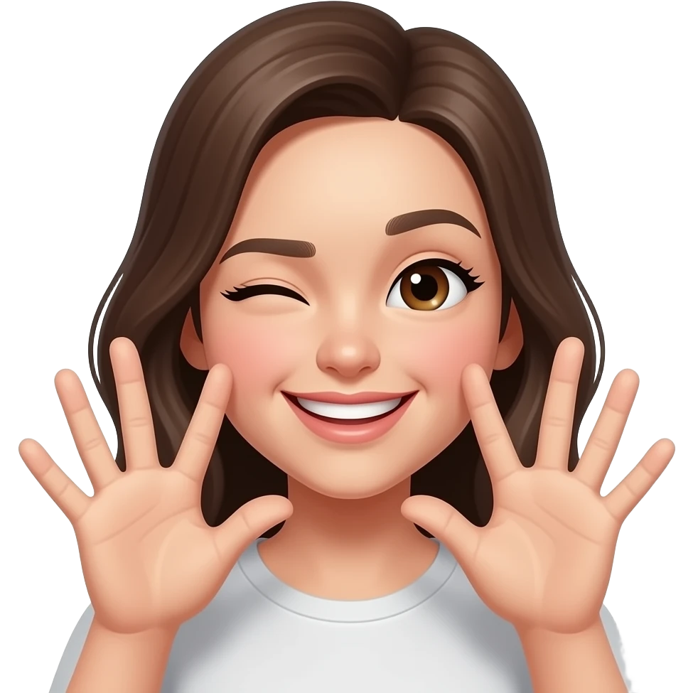 an anime-style girl smiling and winking, both hands near the face, index, middle, and ring fingers extended on each hand emoji