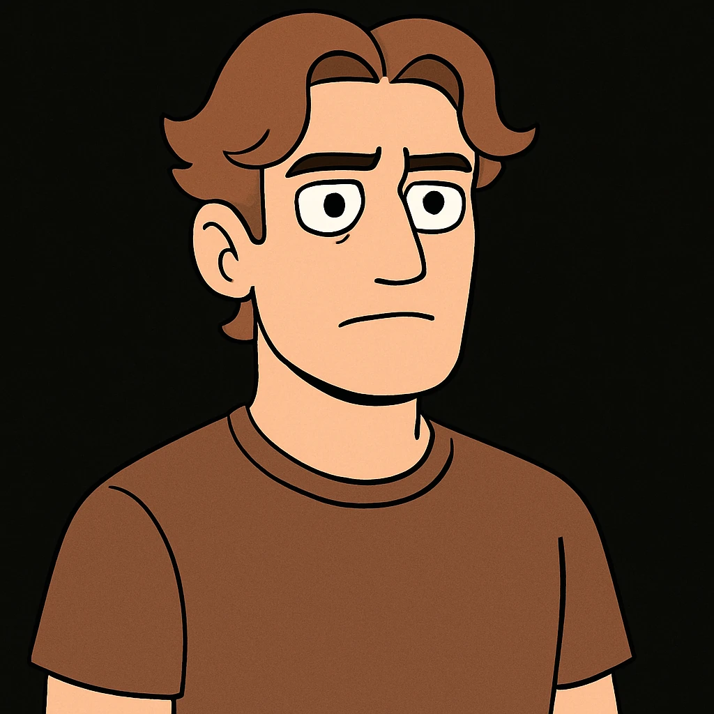 male character with wavy hair parted in the middle, brown eyes, firm straight jaw, slightly medium nose, wearing a brown t-shirt on a black background emoji