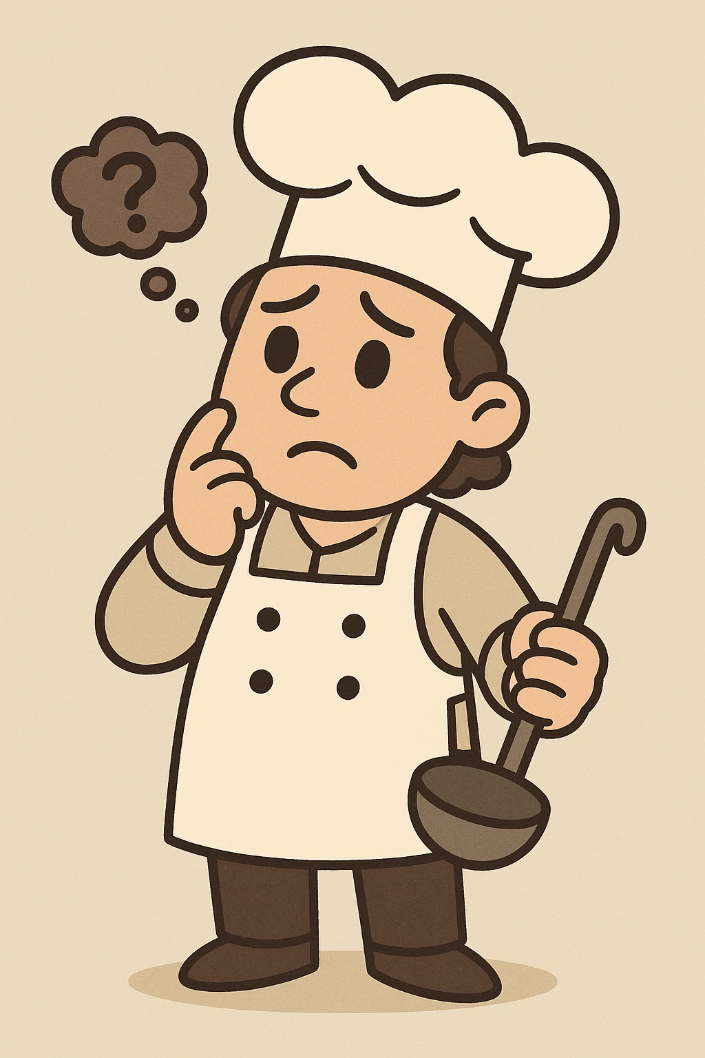 cute and simple style chef thinking with a worried expression, wearing apron and chef hat, holding a ladle emoji