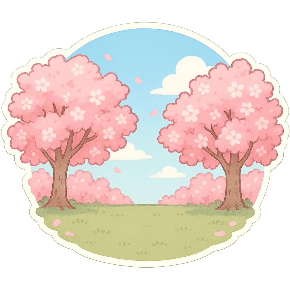 满是樱花的场景，中间一片空地，蓝天白云 emoji